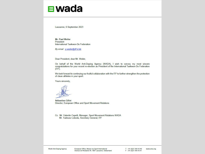 WADA congratulates GM Weiler for re-election